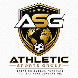 Athletic Sports Group logo featuring gold and black shield with five stars, globe, soccer ball, and tagline Creating Global Pathways for the Next Generation